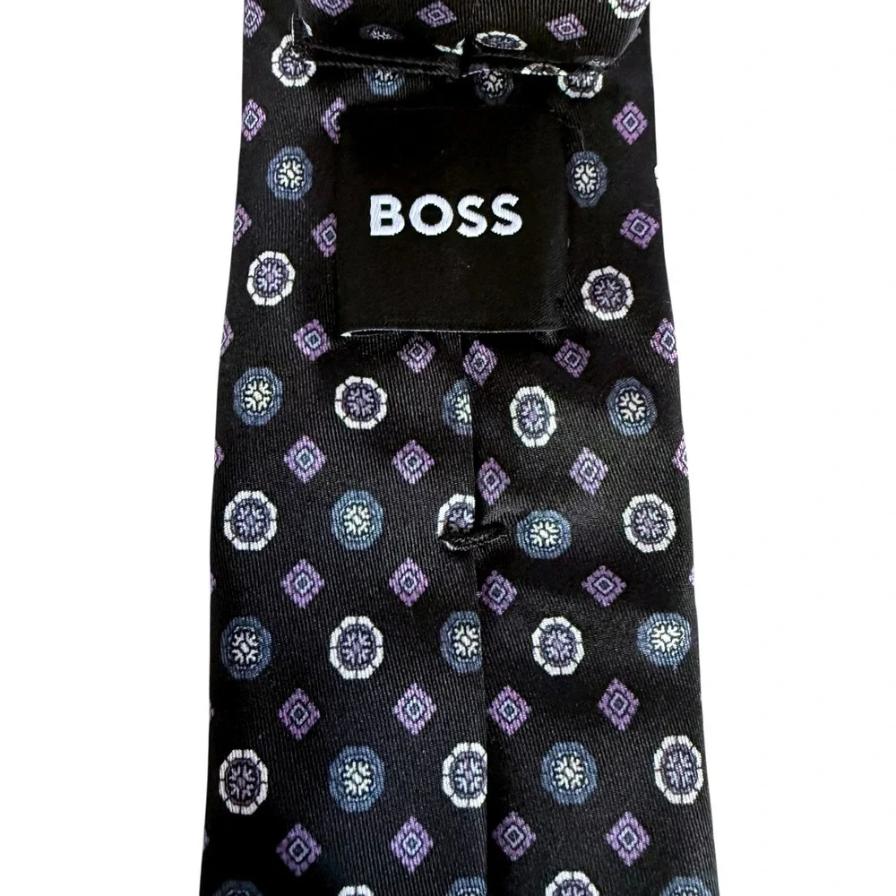 Hugo Boss‎ Mens Black Silk Tie Purple Diamond Print Narrow NWT
